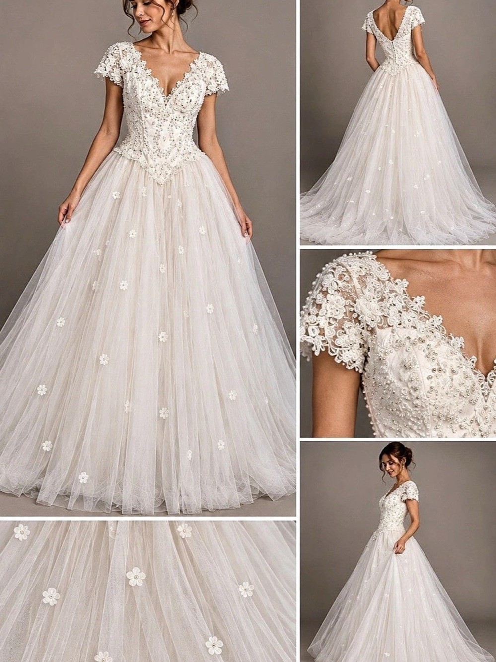 Vintage 80s 90s Beaded Pearl Lace Wedding Gown Dress + Veil